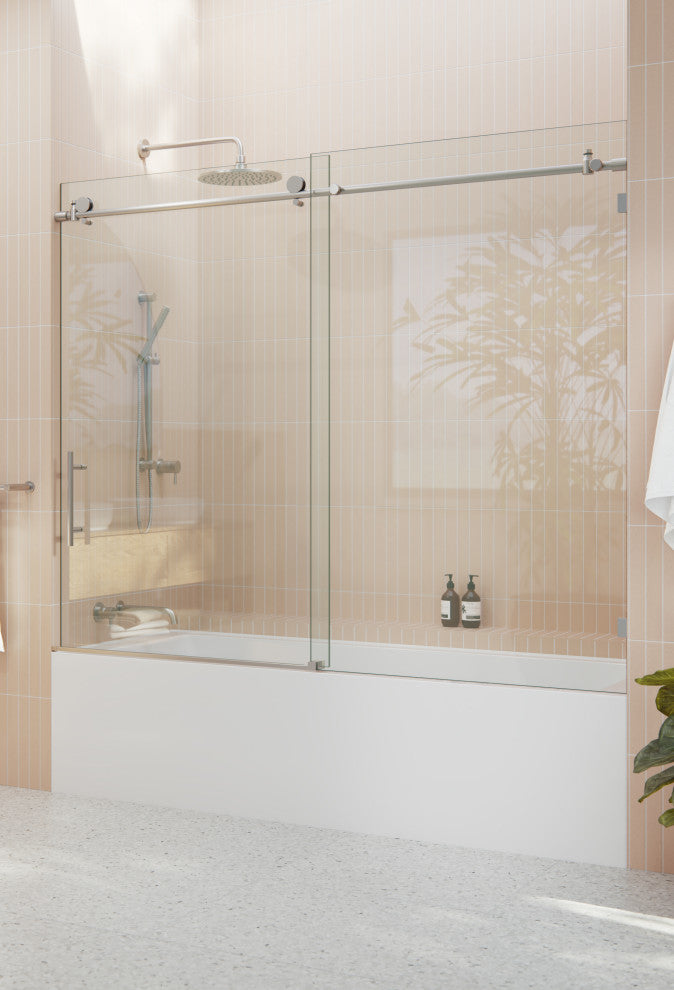 68-72"x60" Frameless Bath Tub Sliding Shower Door, Brushed Nickel