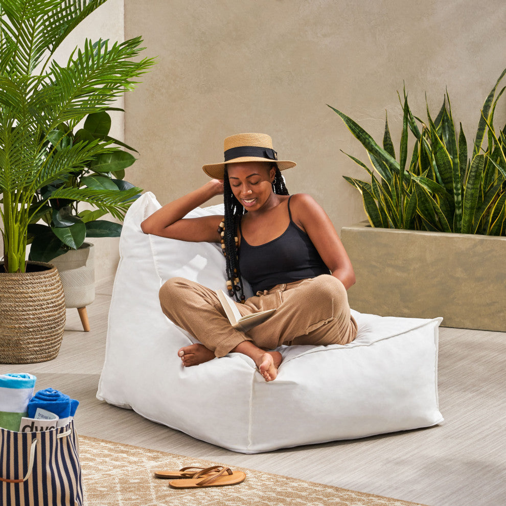 GDF Studio Tulum Outdoor Water Resistant Fabric Bean Bag Lounger, White