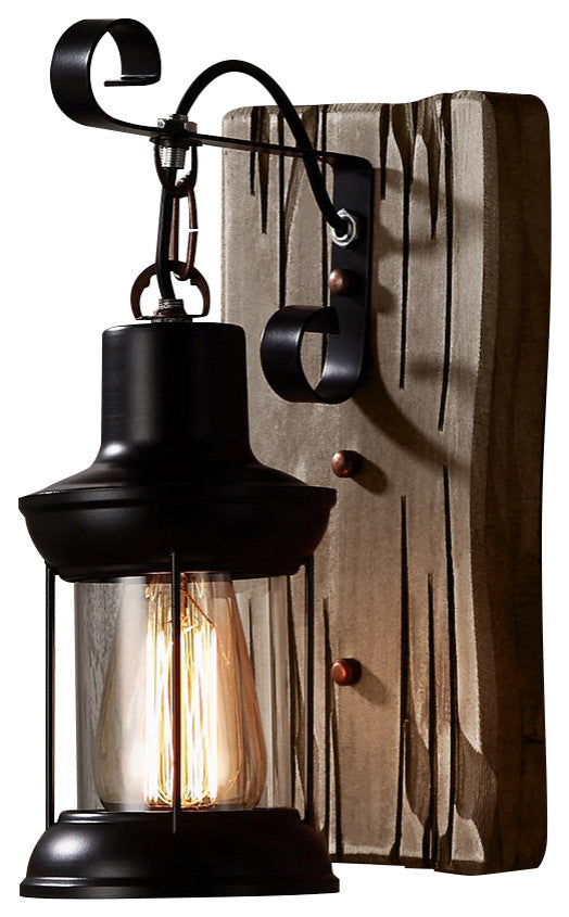 Industrial Cottage Style Clear Glass Lantern 1-Light Wall Light & Wood Backplate