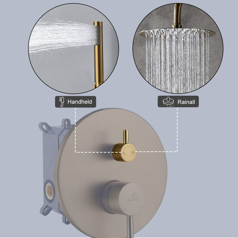 CASAINC 10" Round Wall Mounted Luxury Rain Shower System with Handheld Spray, Brushed Gold