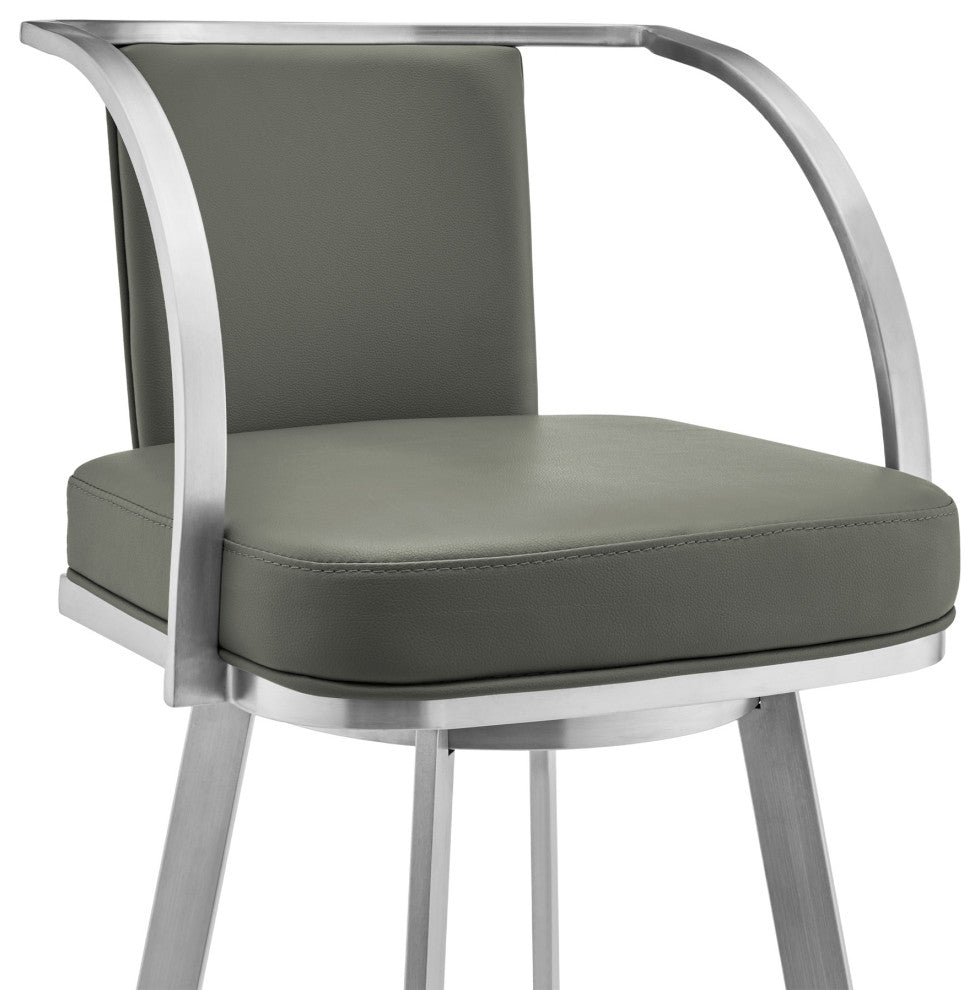 Livingston Gray Faux Leather and Brushed Stainless Steel Swivel Bar Stool, 30"