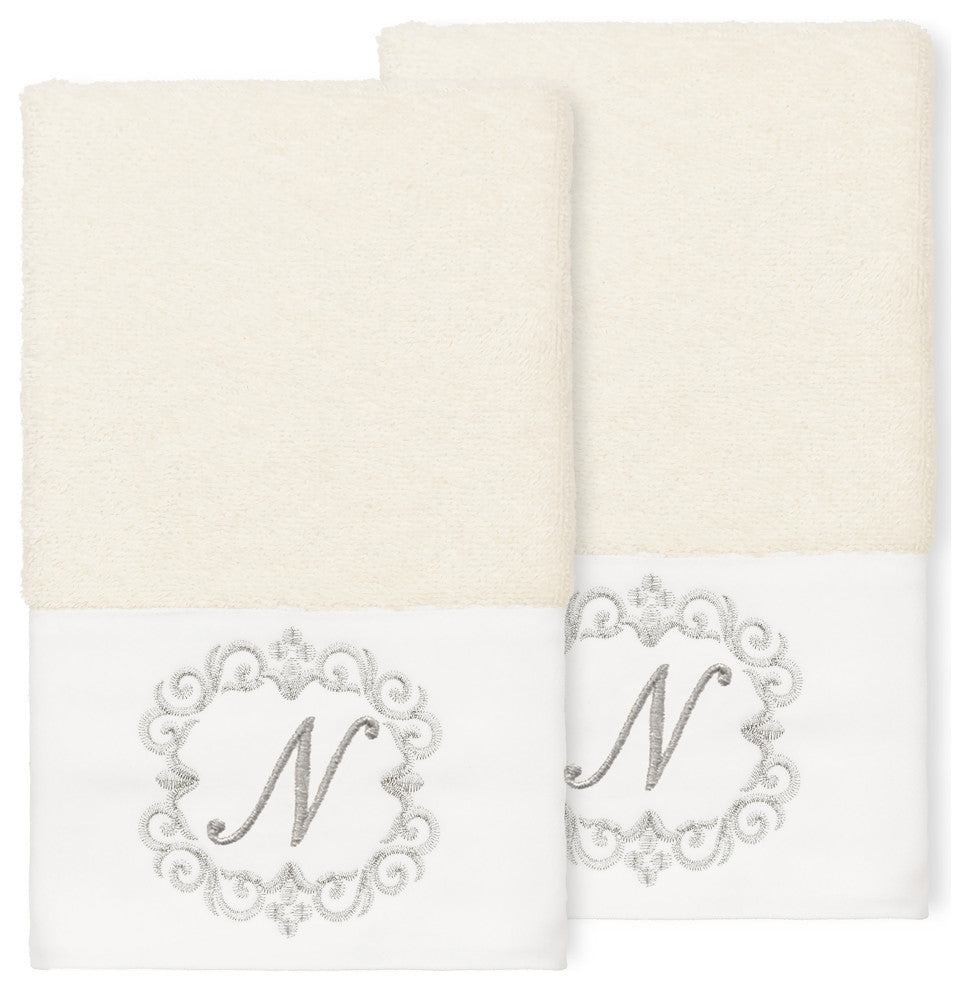 Linum Home Turkish Cotton Monica 2-Piece Embellished Hand Towel Set, Cream