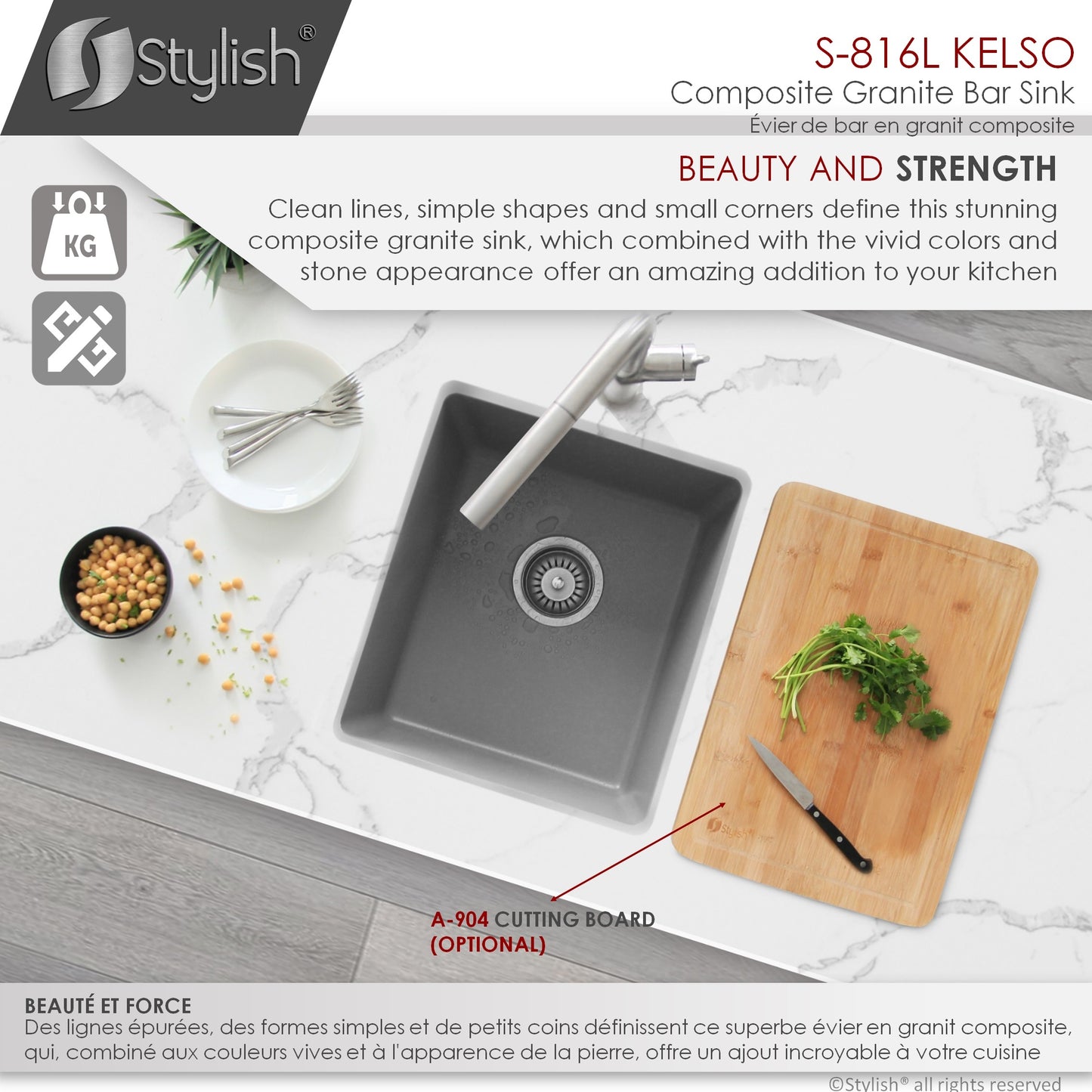 STYLISH 16"Dual Mount Single Bowl Gray Granite Kitchen Sink