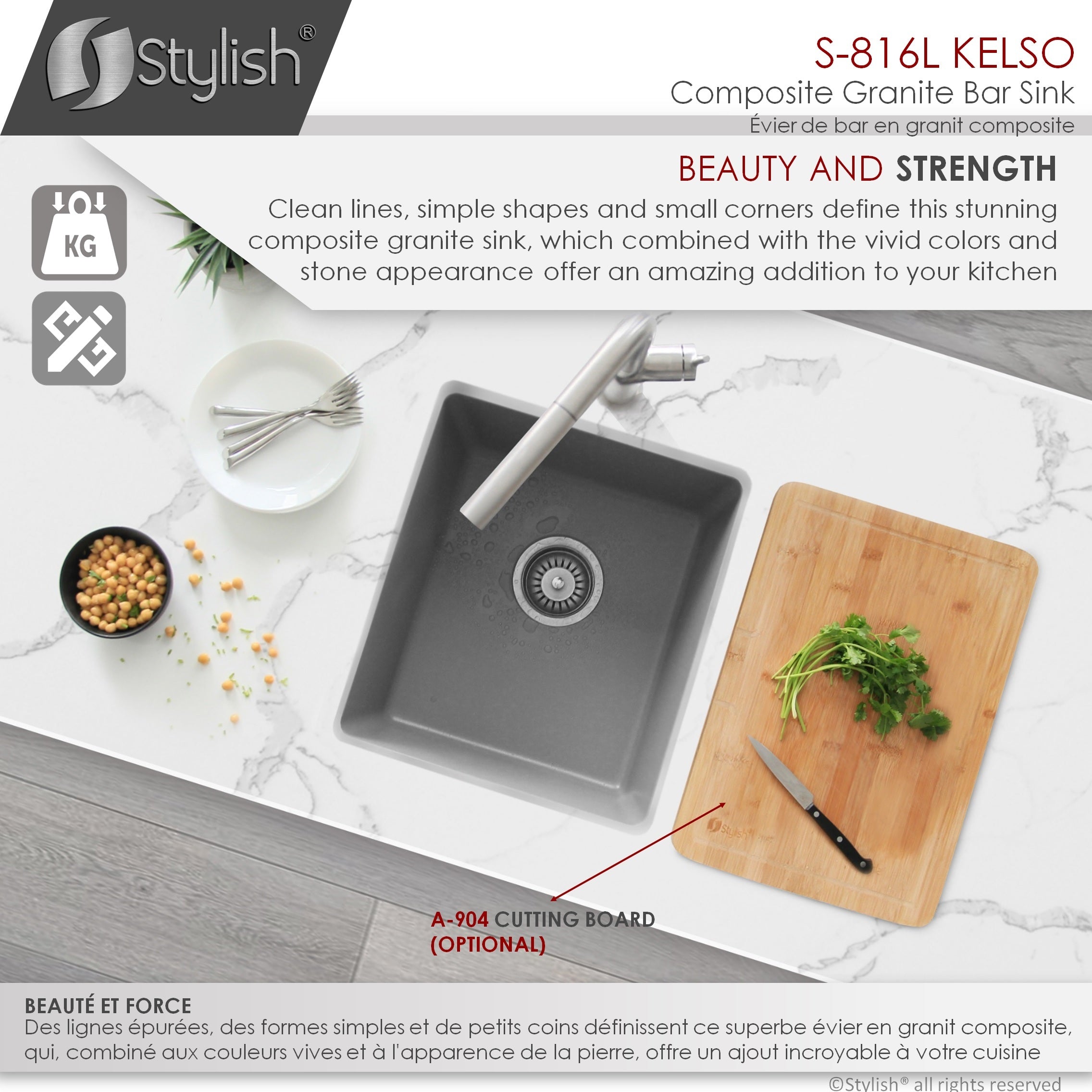 STYLISH 16"Dual Mount Single Bowl Gray Granite Kitchen Sink