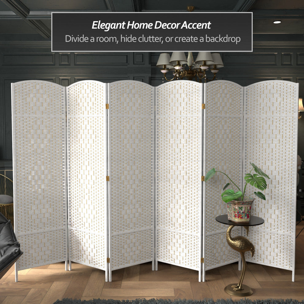 6' Tall Diamond Weave Fiber Room Divider, White, 6 Panel
