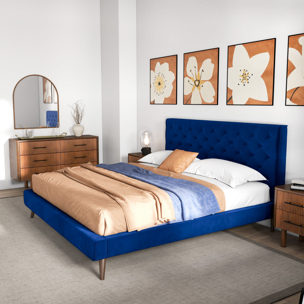 Ashley Midcentury Velvet Tufted Solid Wood Platform Bed, Blue, King