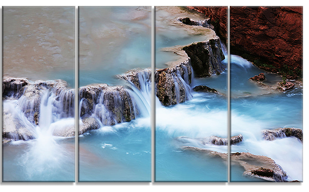 Beautiful Blue Water Cascade, Large Seashore Canvas Print, 48"x28", 4 Panels