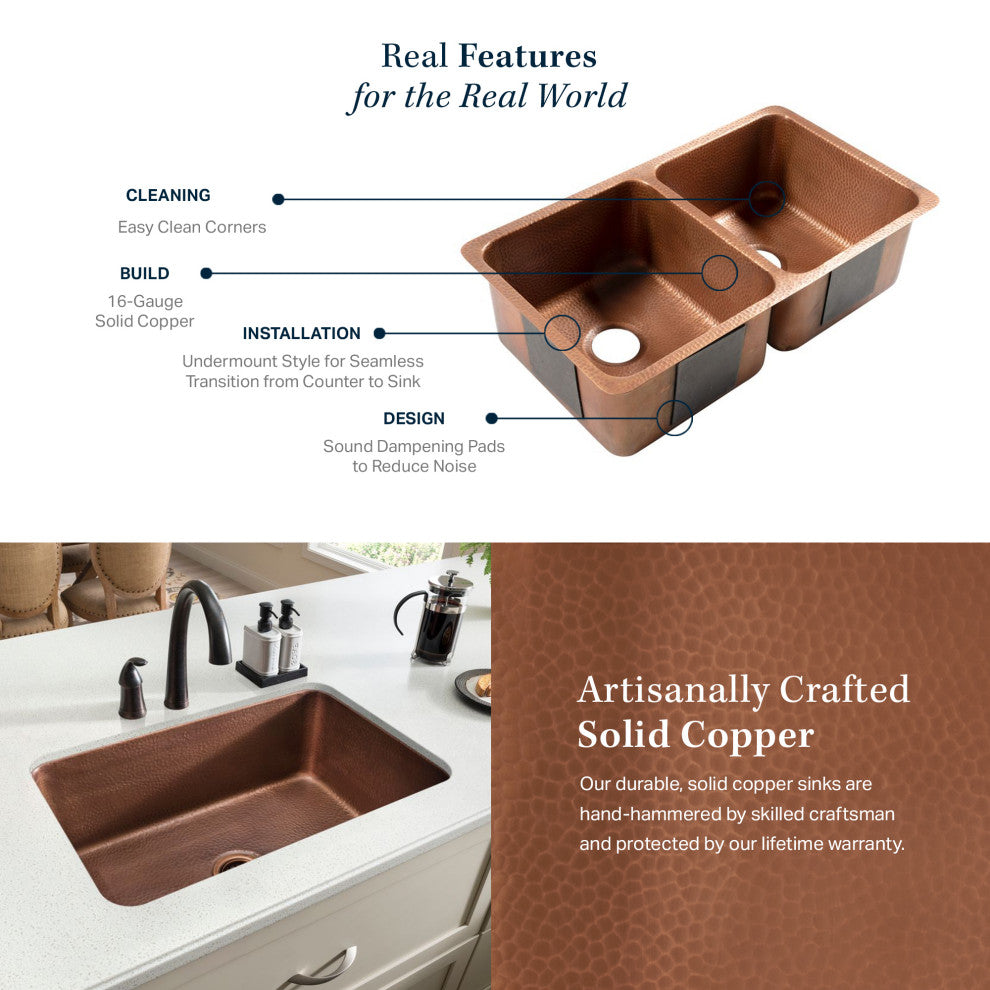 Rivera Copper 32" Double Bowl Undermount Kitchen Sink