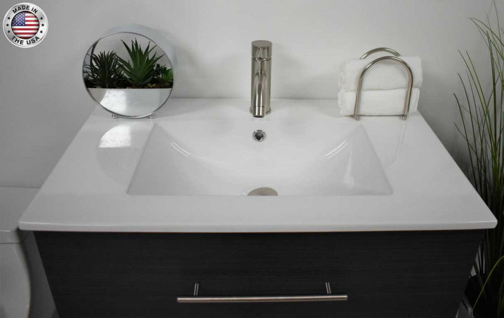 Napa 30" Modern Floating Bathroom Vanity With Ceramic Top and Round Handles, Black Ash