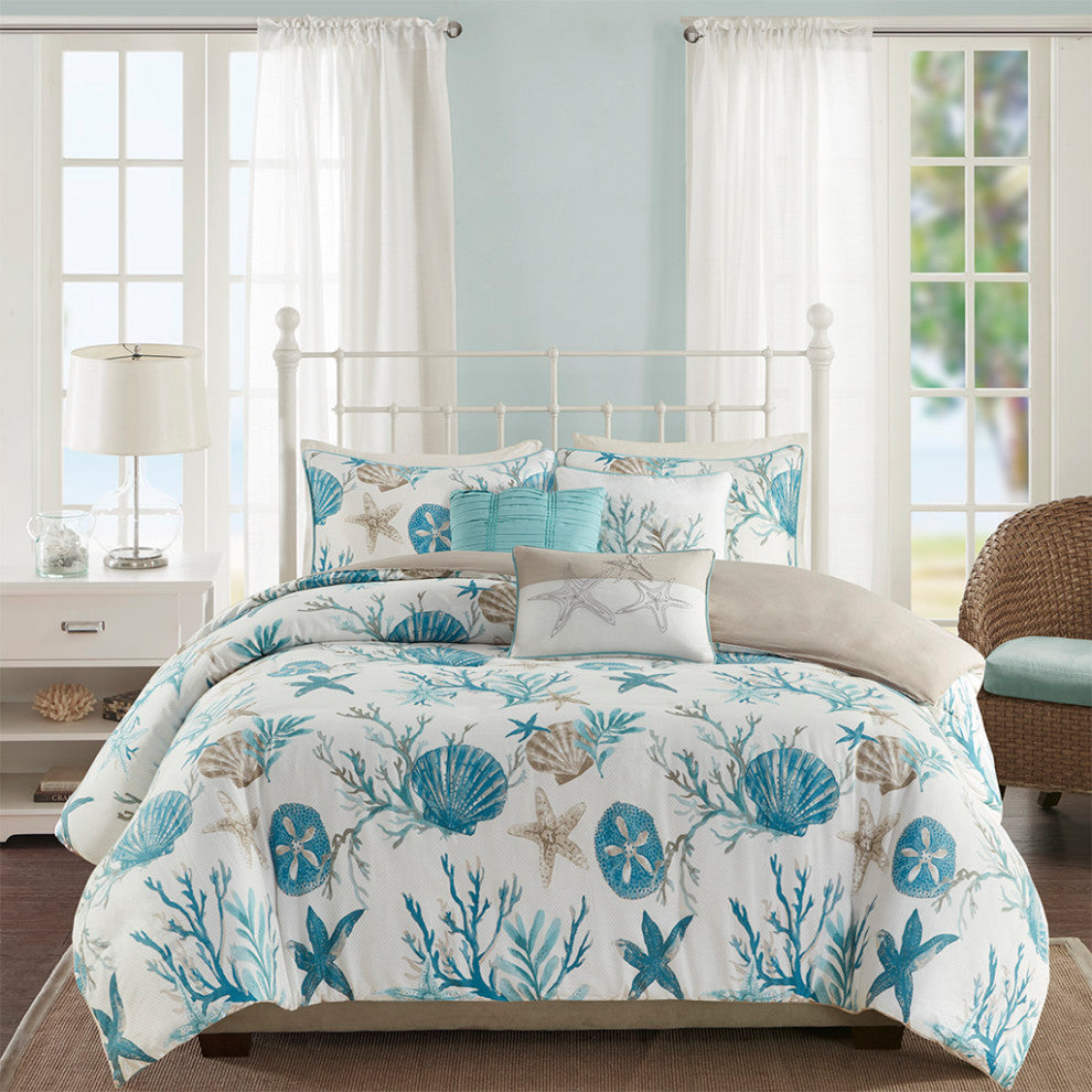 Madison Park Pebble Beach 6 Piece Cotton Sateen Duvet Cover Set, Aqua