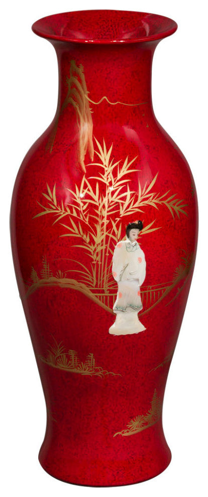 Chinese Porcelain Vase With Mother of Pearl Figures on Black Lacquer, Red