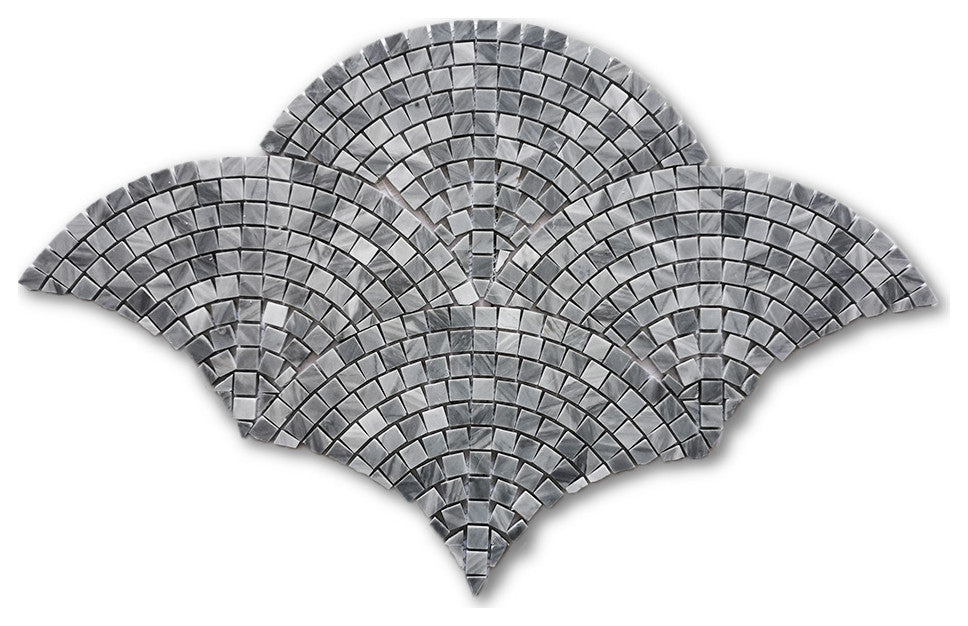 Bardiglio Gray Marble Fish Scale Scallop Fan Pattern Mosaic Tile Honed, 1 sheet