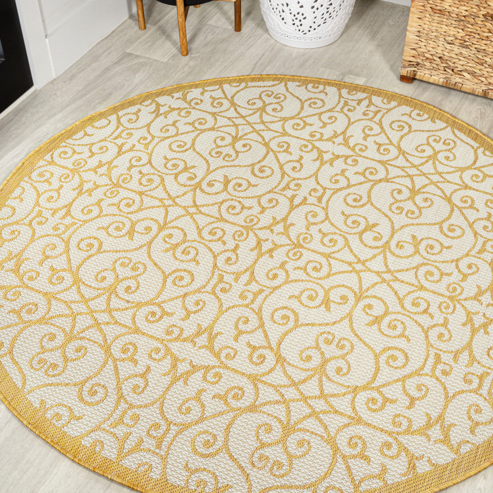 Madrid Vintage Filigree Textured Weave Indoor/Outdoor, Cream/Yellow, 5' Round