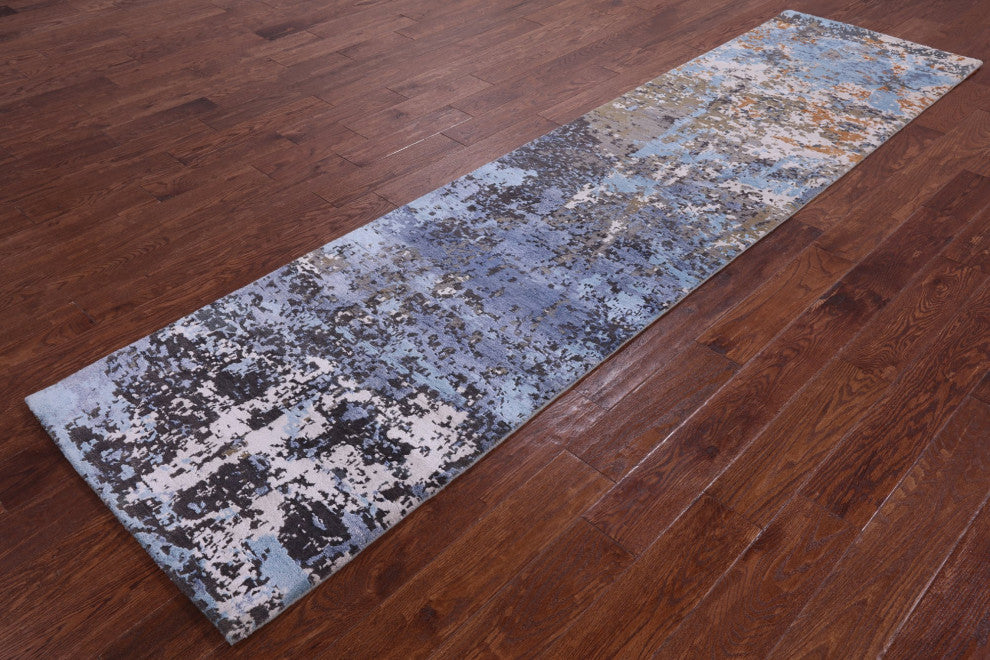 2' 7" X 10' 3" Hand Knotted Wool and Silk Abstract Runner Rug Q9428