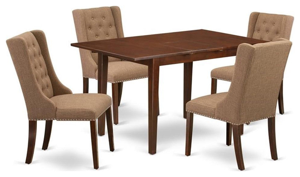 5-Piece Set Table and 4 Light Sable Linen Fabric Chairs Back, Mahogany