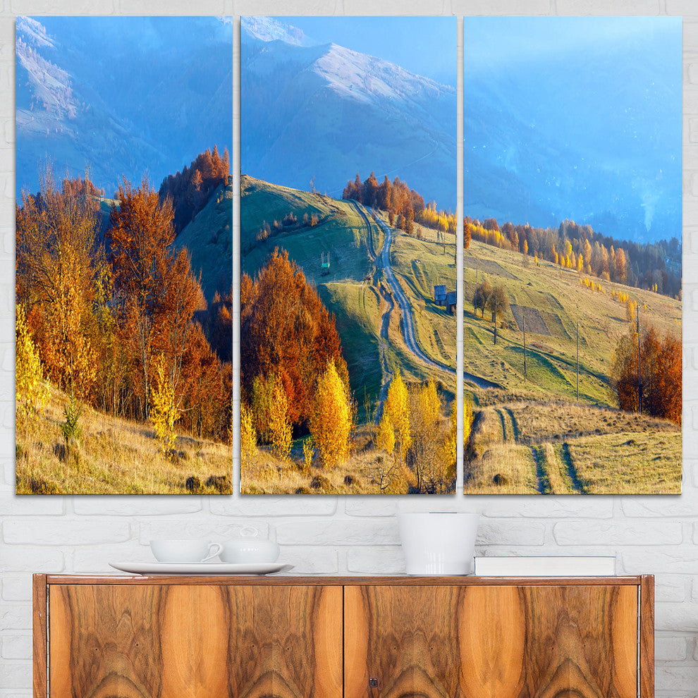 "Rural Road on Autumn Mountains" Art Print Canvas, 3 Panels, 36"x28"