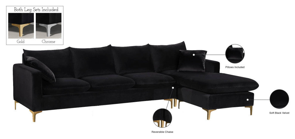 Naomi 3-Piece Velvet Upholstered Reversible Sectional, Black