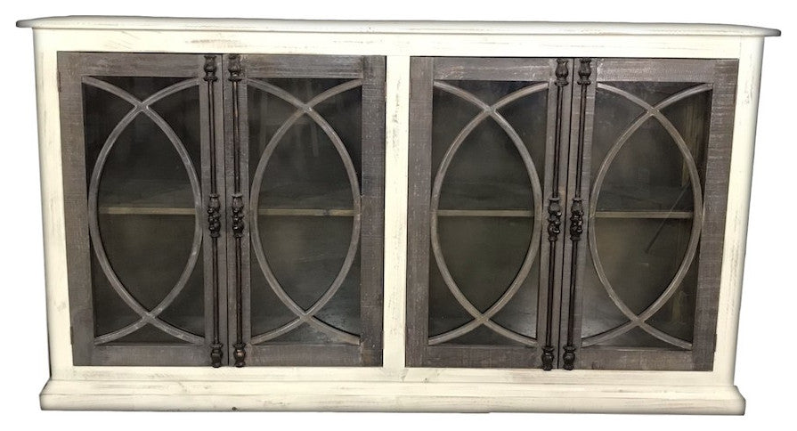4 Door Glass Door Console With Iron Hardware, White With Brown Doors
