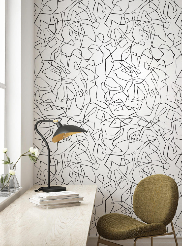 Entangled Lines Abstract Peel and Stick Vinyl Wallpaper, Black, 24"x108"