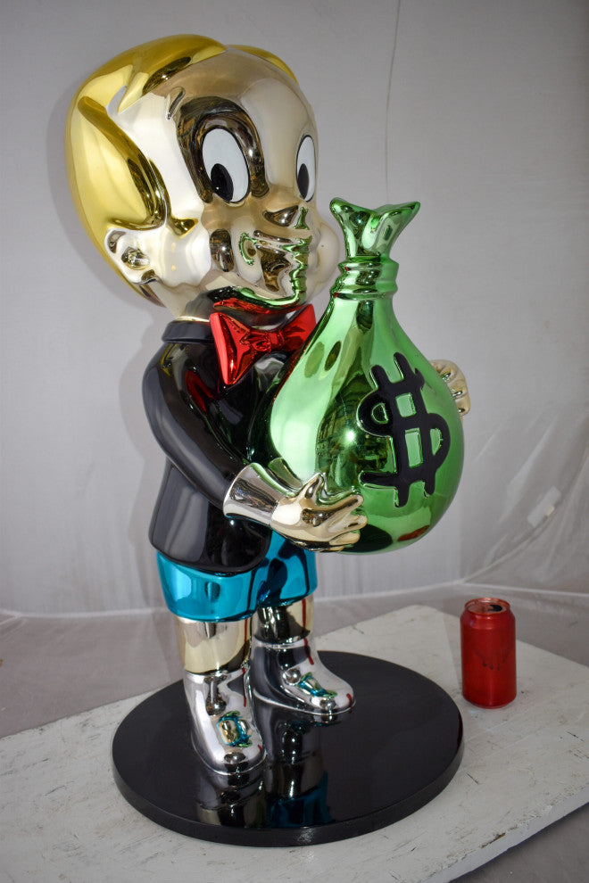 Excited Cartoon Boy Holding Money Bag Resin Statue Large Size: 16" x 16" x 32"
