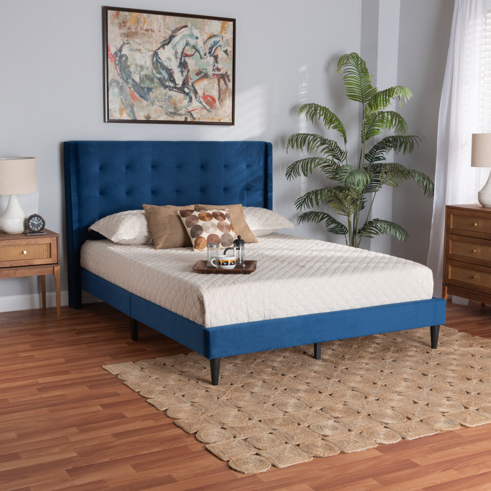 Violeta Modern Velvet Upholstered Platform Bed, Navy Blue/Dark Brown, Queen