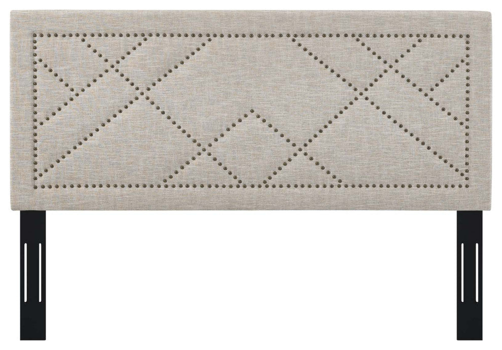 Contemporary Modern Full and Queen Size Headboard, Rivet Nail, Fabric, Beige