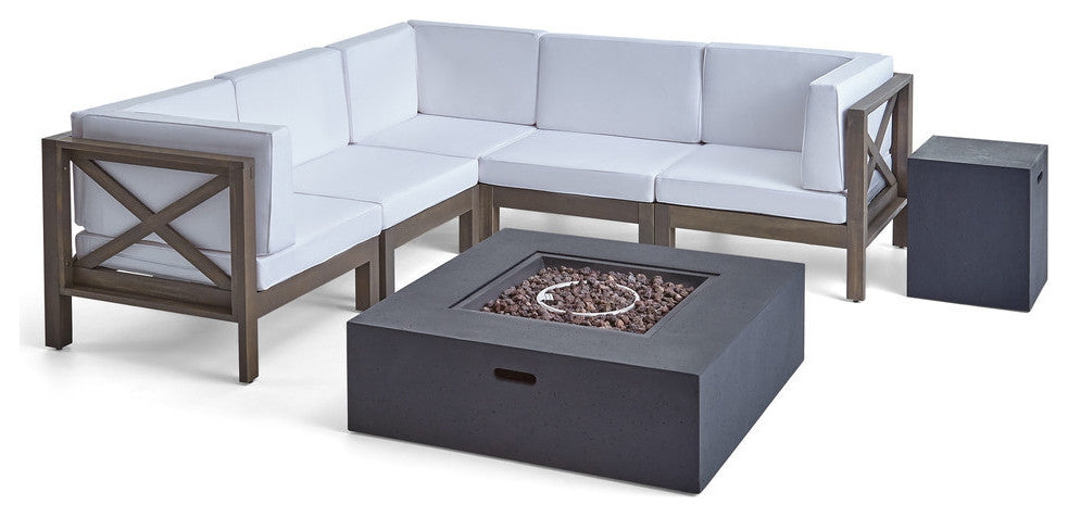 GDF Studio 7-Piece Cytheria Outdoor Sectional Acacia Wood Sofa Set With Fire Pit, Gray Finish, White, Dark Gray