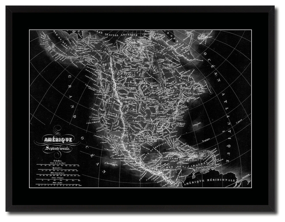 North America Canada Mexico Vintage Monochrome Map Canvas, 28"x37"