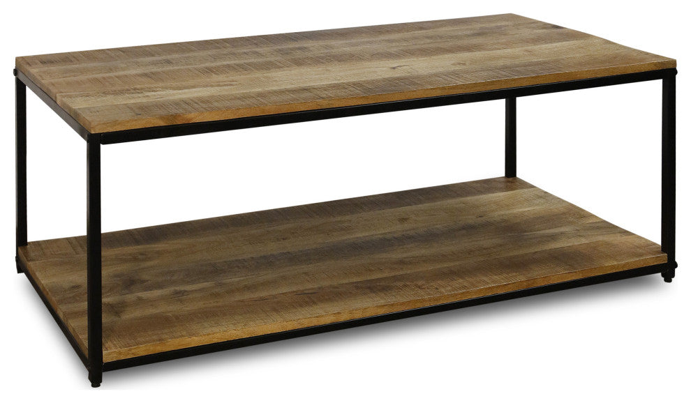 Logan Rectangular Coffee Table With Lower Shelf and Black Iron Frame