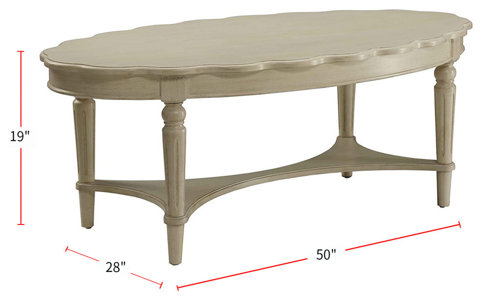 Wooden Oval Coffee Table with Bottom Shelf, Antique White