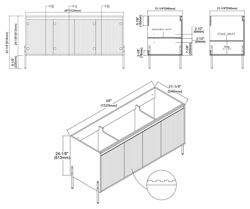Flutie 60" Bathroom Vanity Kit, Charcoal, Double White Sink