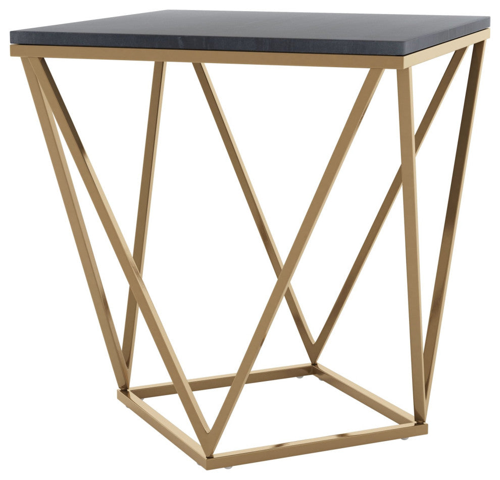 Sofa Side Table, Square, Artificial Marble, Iron Metal, Black, Antique Brass