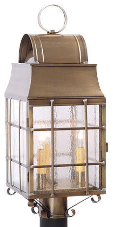 Outdoor Colonial Post Lantern With Handmade Bars, Weathered Brass
