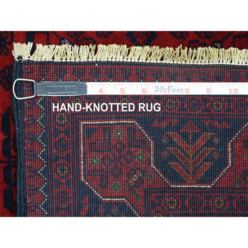 Deep and Saturated Red, Pure Wool Hand Knotted, Afghan Khamyab Rug, 3'4"x4'8"