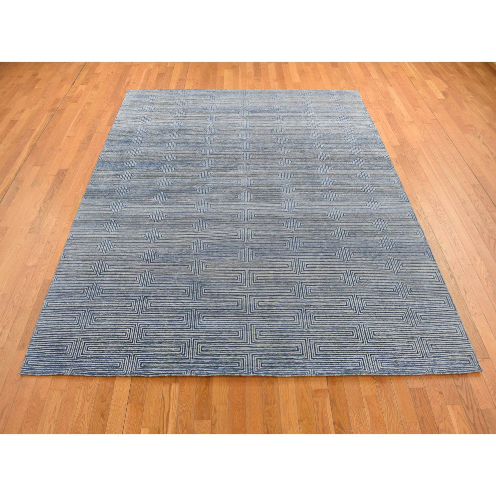 Blue, Silk With Wool, Maze Design, Hand Knotted Rug, 8'x10'
