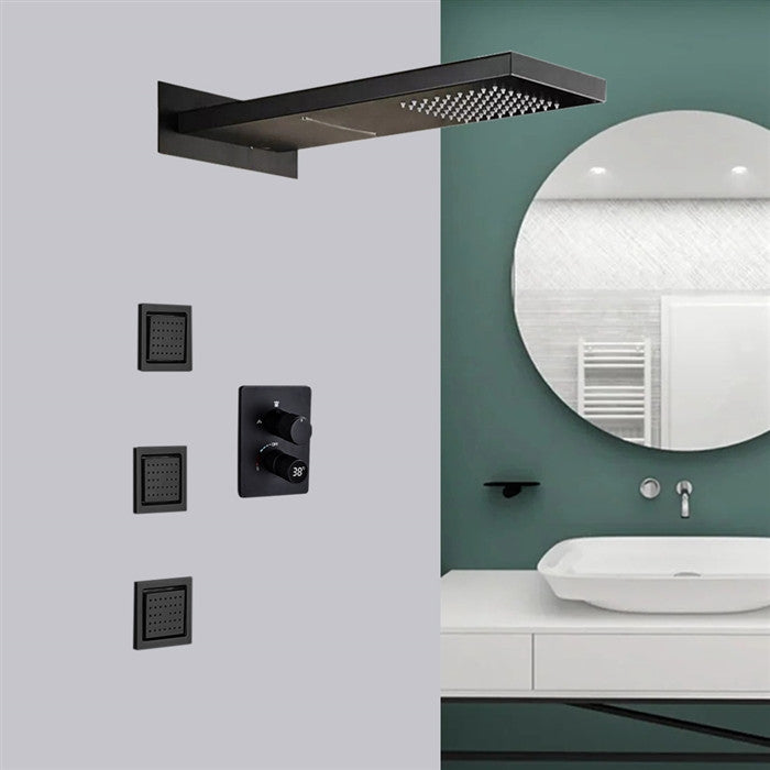 Terracina 22" Matte Black LED Rainfall Shower System With 3 Body Jets, Non LED