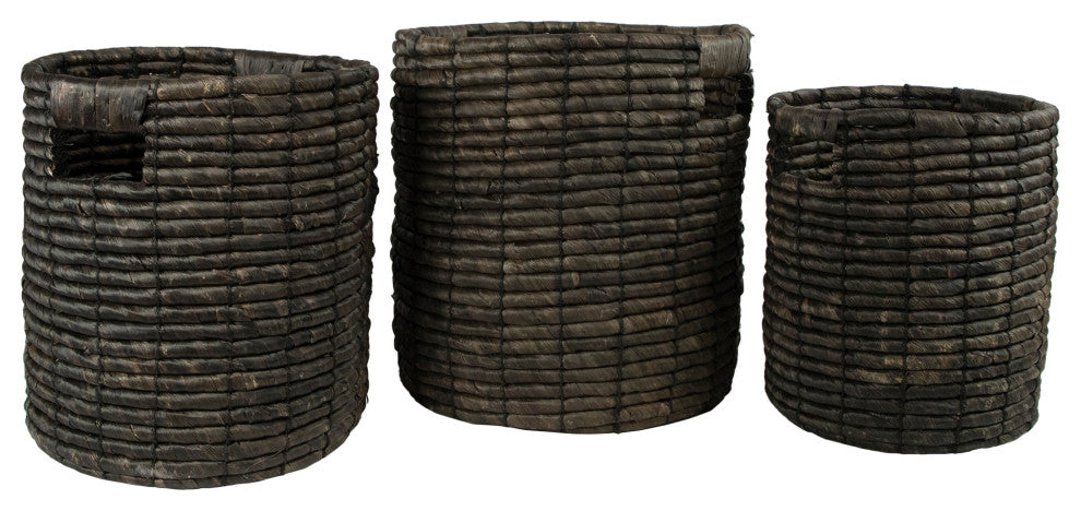Set of 3 Dark Brown Natural Woven Table and Floor Cylindrical Seagrass Baskets