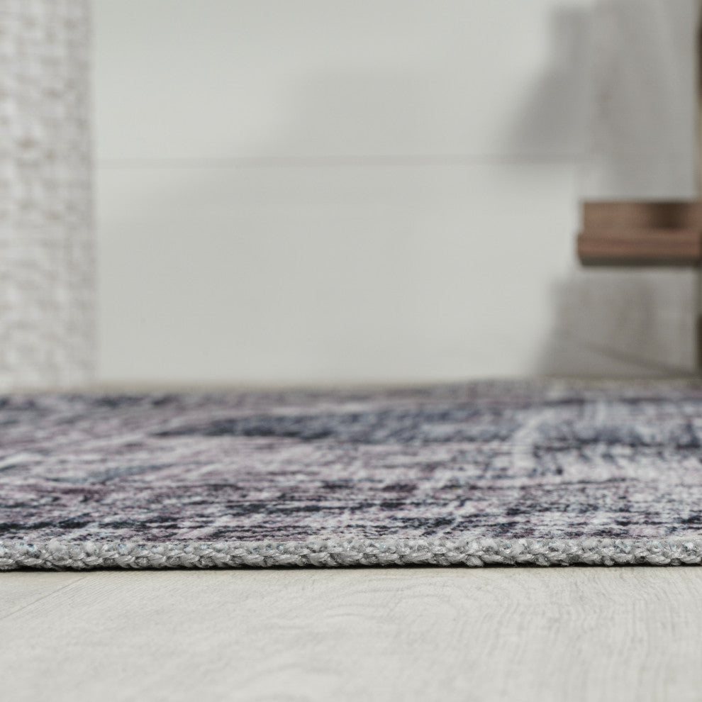 Wincer Chenille Cottage Medallion Washable Rug, Navy/Gray/Black, 5 X 8