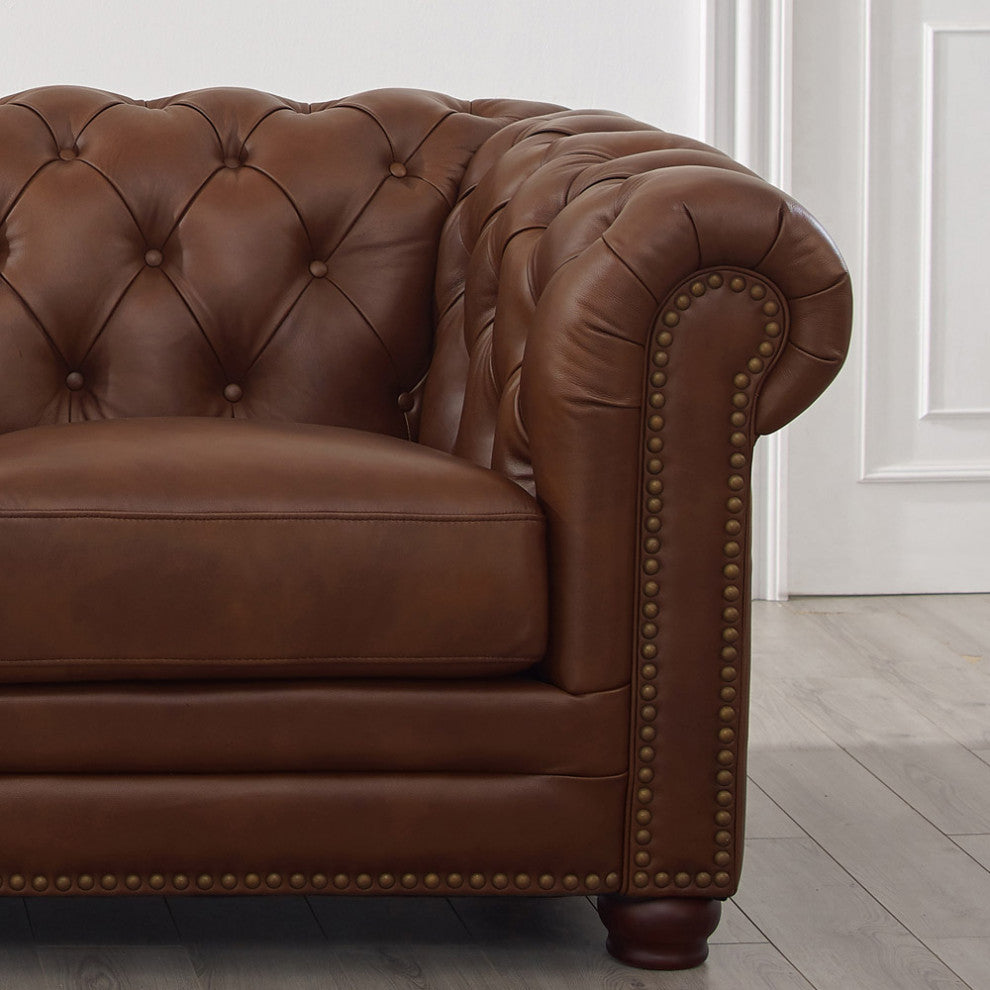 Hydeline Aliso 100% Leather Chesterfield Sofa Set, Pecan Brown, Sofa