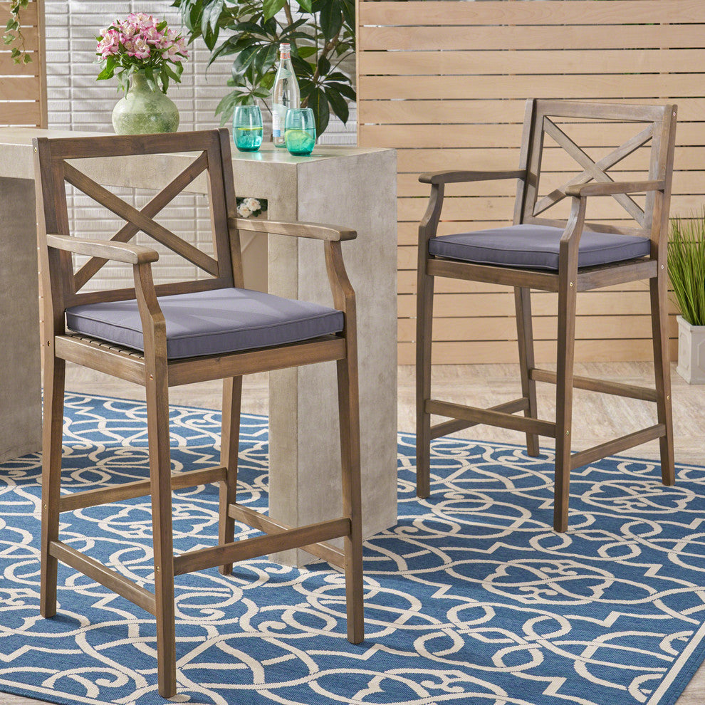 GDF Studio Logan Outdoor Acacia Wood Barstools, Set of 2, Gray