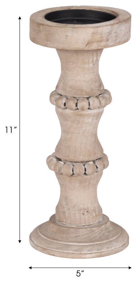 Wooden 11" Banded Bead Candle Holder