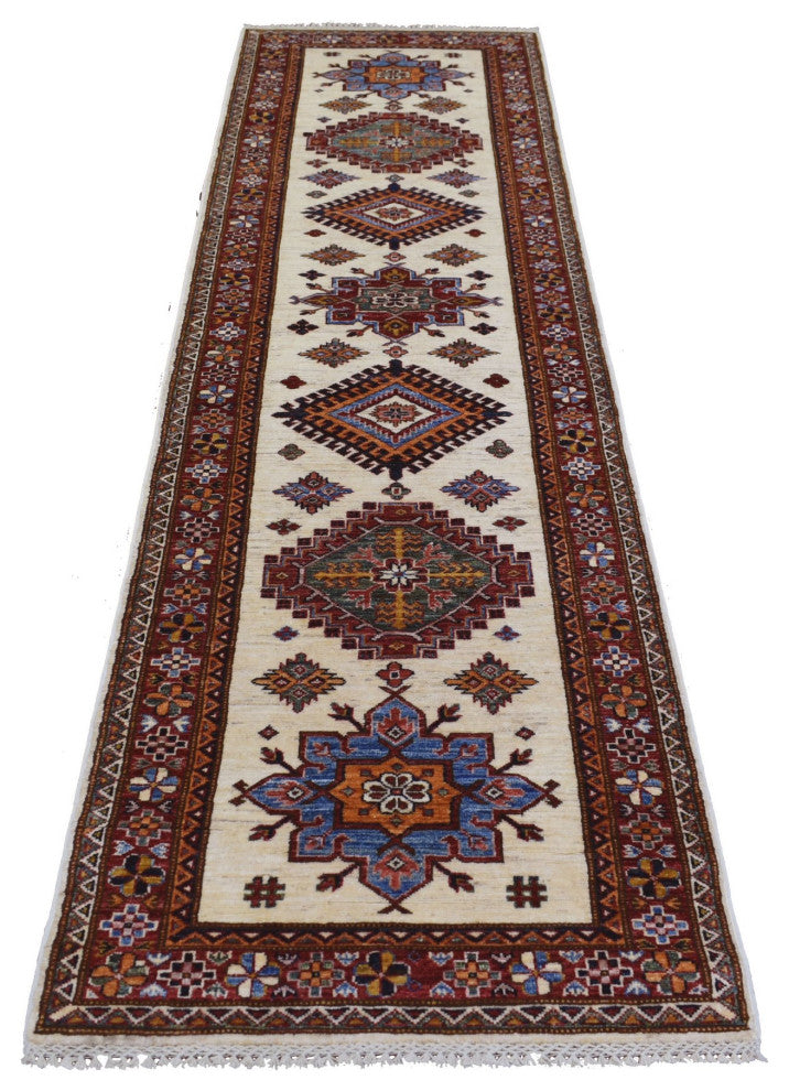 Ivory Afghan Super Kazak Hand Knotted Pure Wool Runner Rug, 2'8" x 9'4"