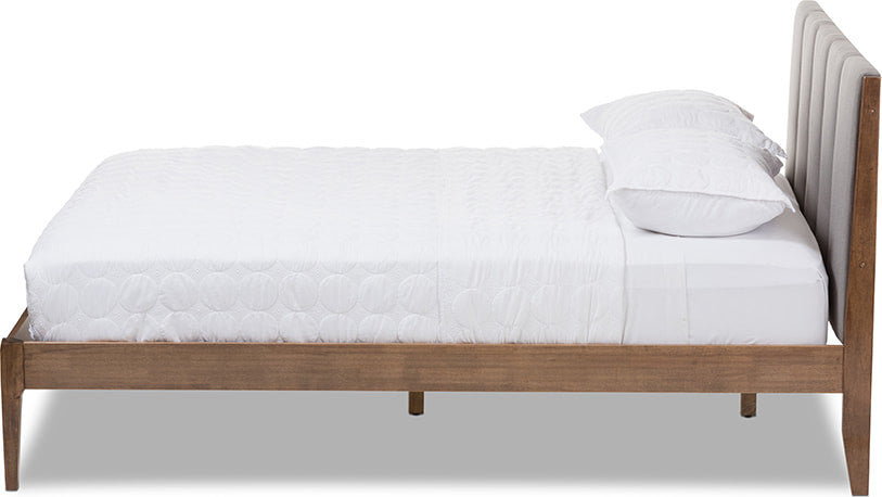 Ember Light Gray Fabric and Medium Brown Finish Wood King Size Platform Bed