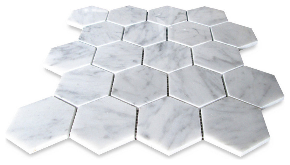 Carrara White Venato Marble 3" Hexagon Mosaic Wall Floor Tile Polished, 1 sheet