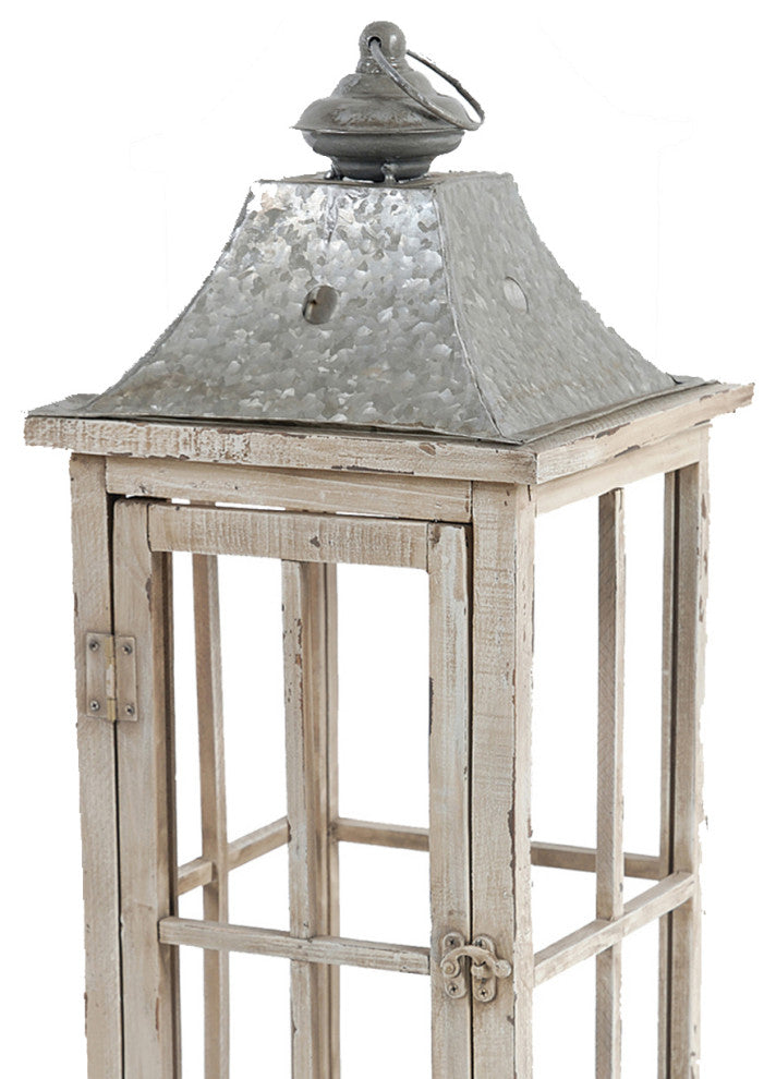 Benzara Wood & Metal Lanterns With Window Pane Design, White, 2-Piece Set
