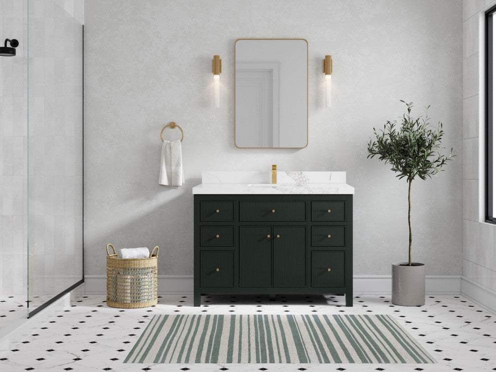 Sonoma 48 Single Sink Reeded Bath Vanity in Dark Forest Green 2" Calacatta Nuvo