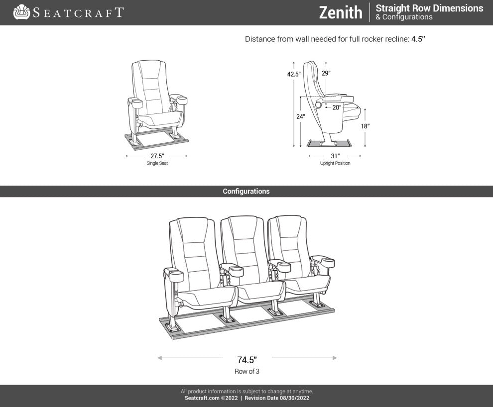 Seatcraft Zenith Movie Theater Seating, Black, Row of 3