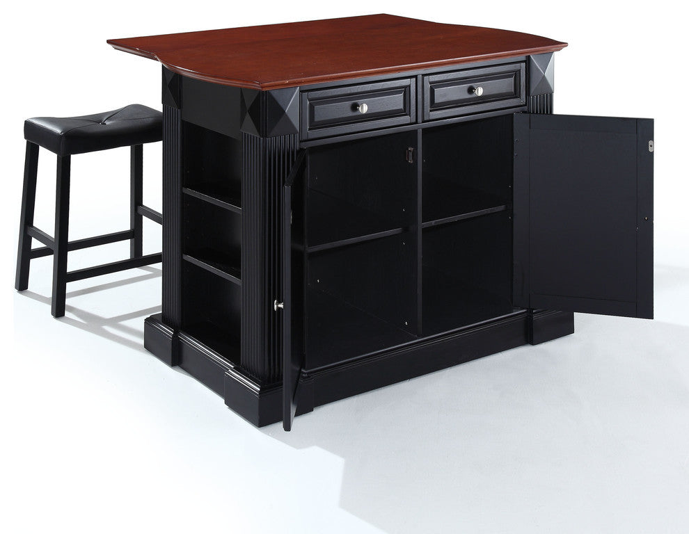 Drop Leaf Breakfast Kitchen Island, Black, 24" Black Upholstered Saddle Stools