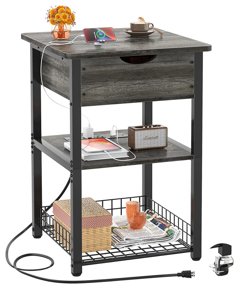 Modern End Table with Charging Station and Flip Top Storage Shelves
