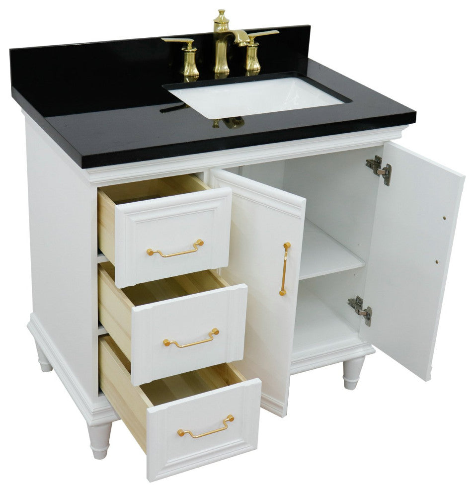 37" Single Vanity, White Finish With Black Galaxy